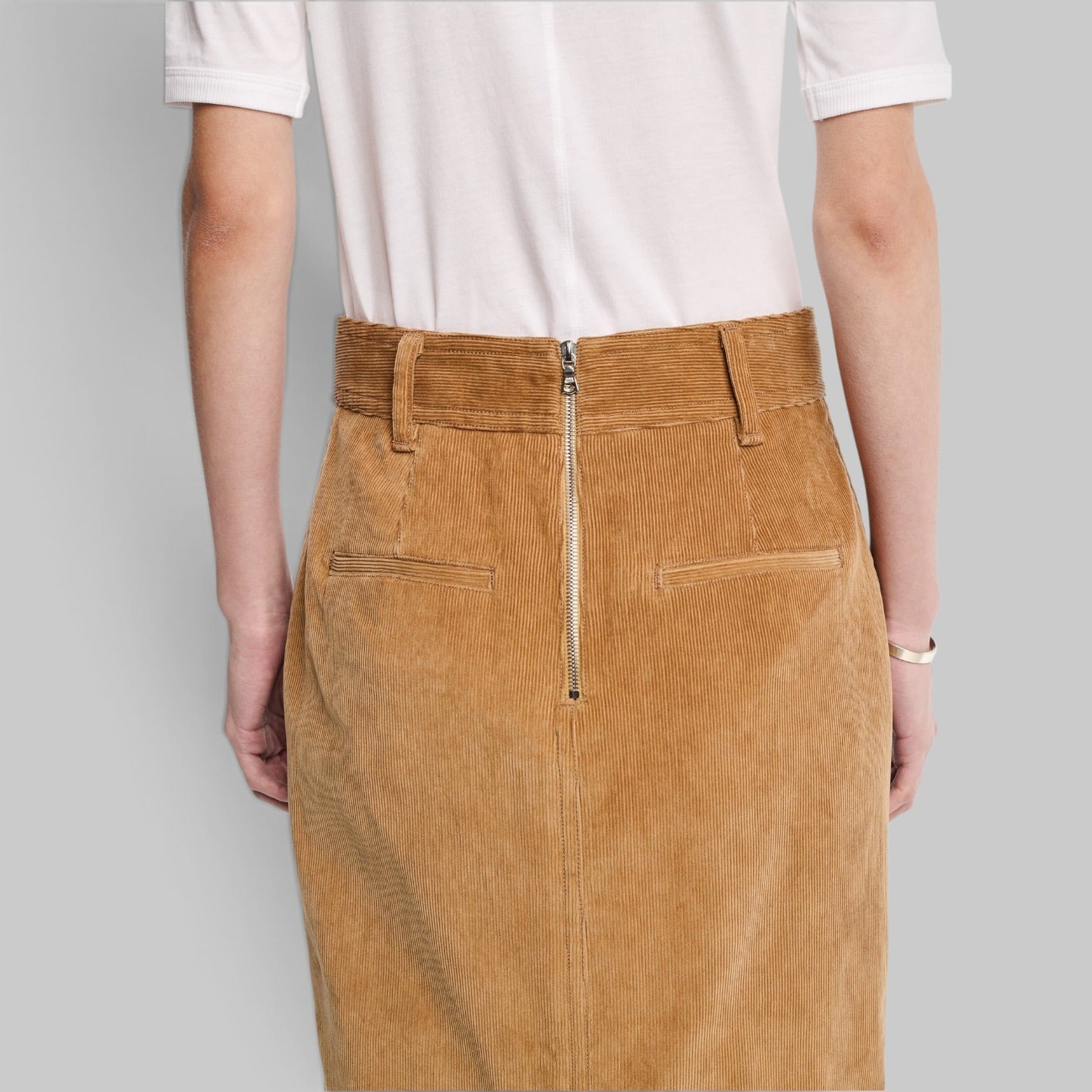 Zipper Pencil Skirt in Caramel by Maria McManus, back zipper detail
