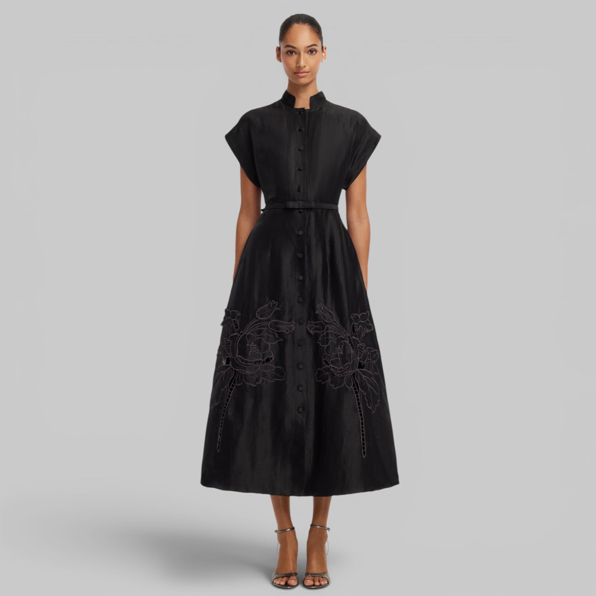 Aubrey Appliqué Shirt Midi Dress in Ebony by Leo Lin