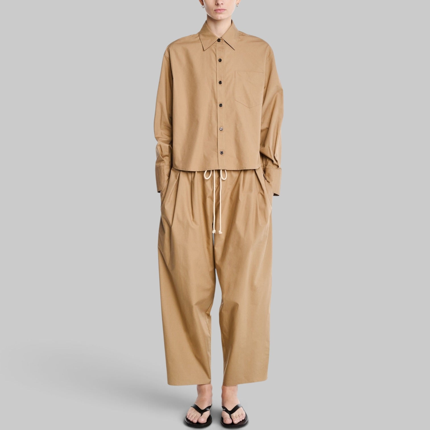 Balloon Drawstring Trouser in Walnut by Maria McManus, side view
