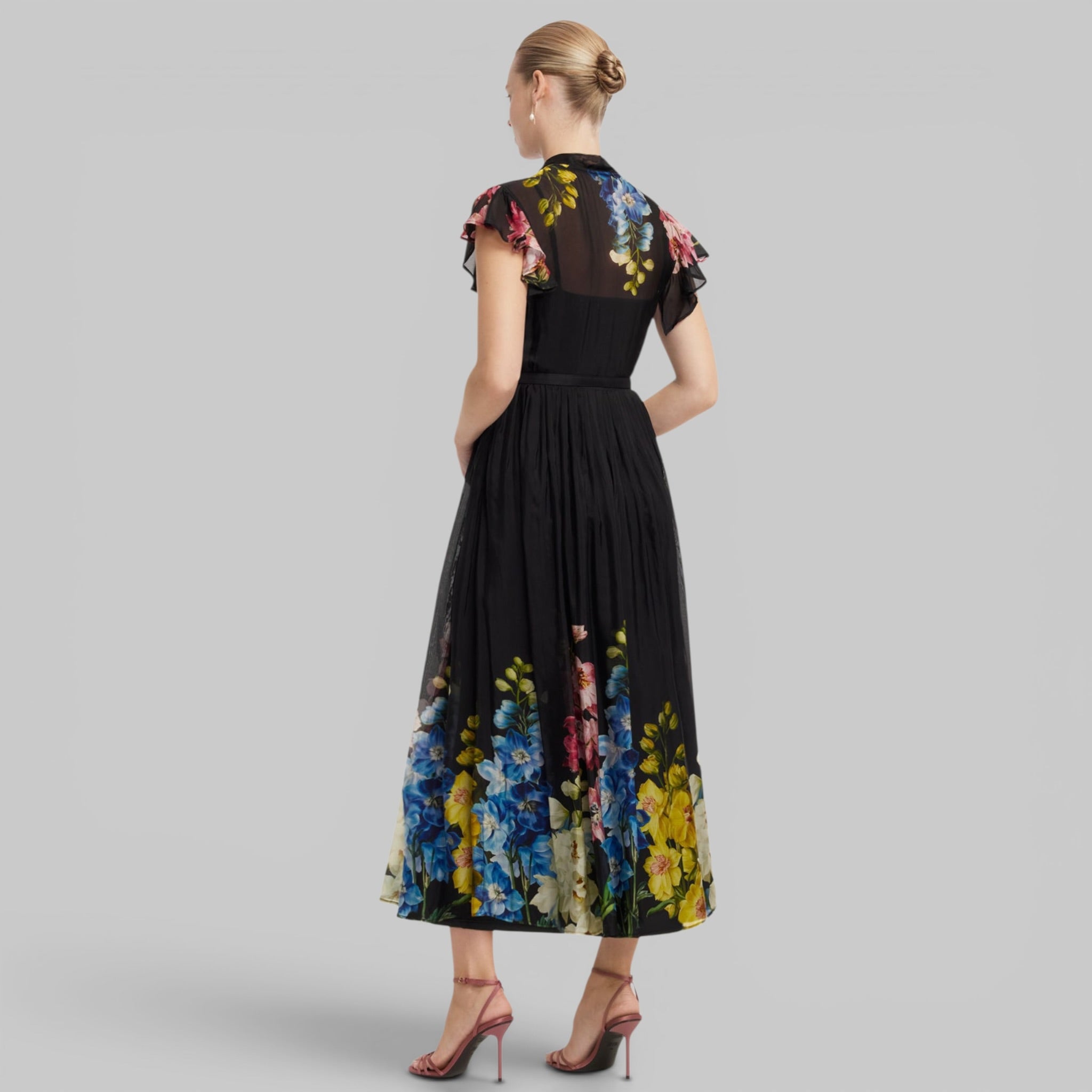 Grace Flutter Sleeve Midi Dress in Snapdragon Print by Leo Lin, back view