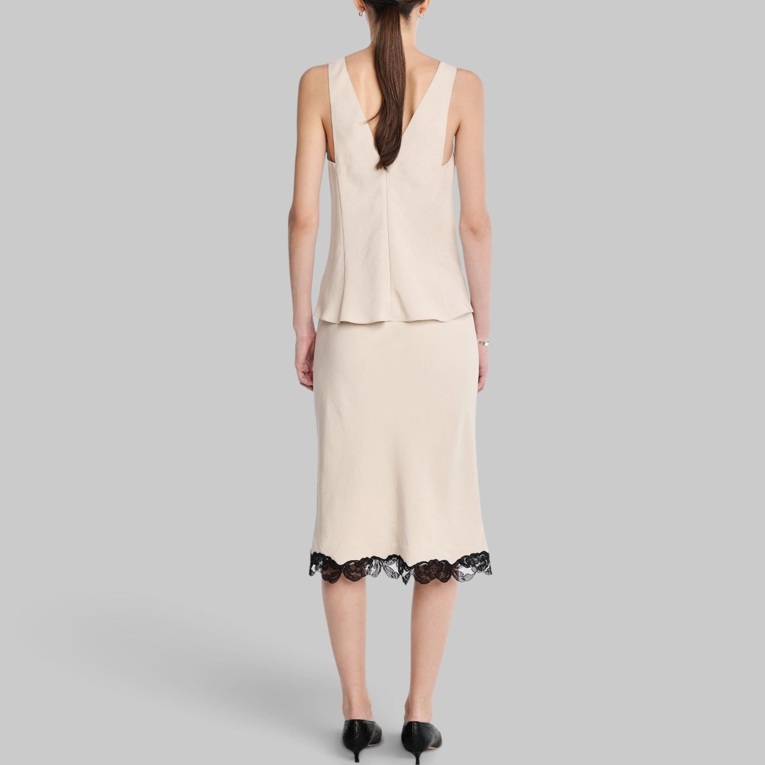 Bias Lace Skirt in Champagne by Maria McManus, side view