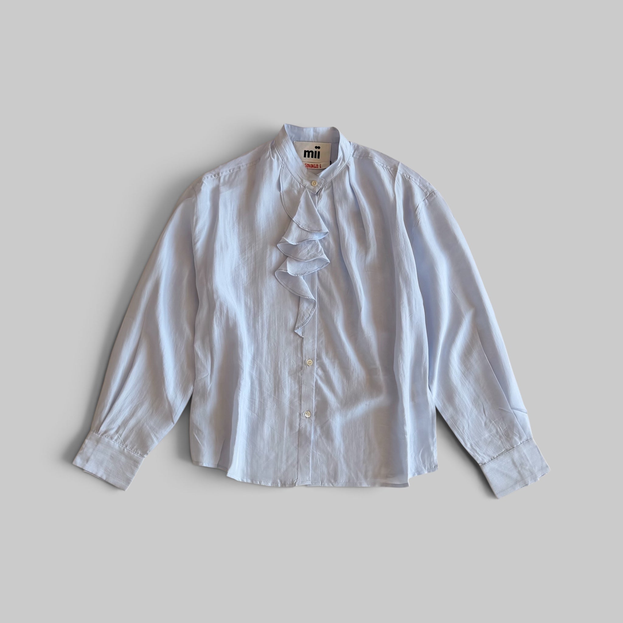 Ruffled Silk Shirt by Mii Collection in Sky