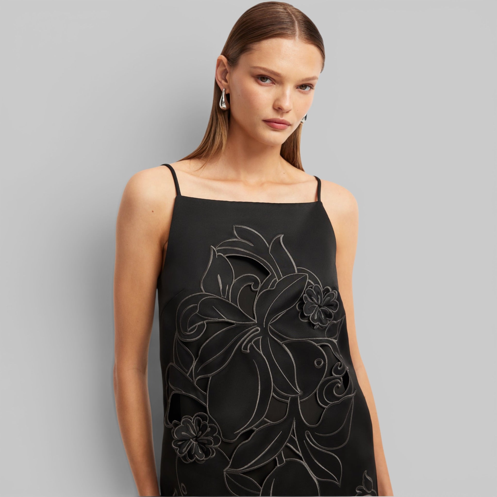 Leia Applique Mini Dress in Ebony, close up