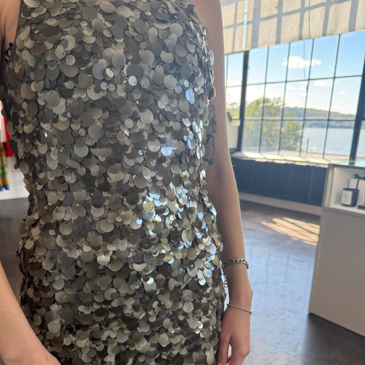 Cara Cara Sienna Skirt and Senza Top in Taupe Palette Sequin, styled together