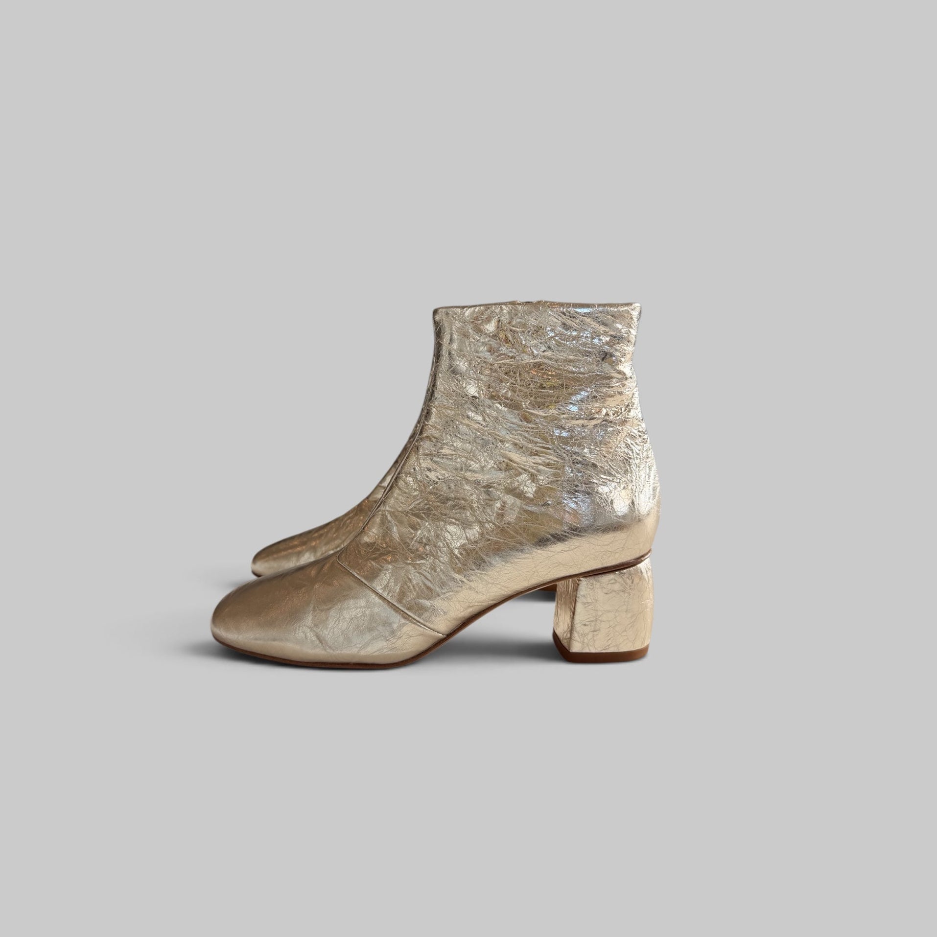 My Alma Laminated Craquelé Leather Ankle Boots by Forte Forte in Platino