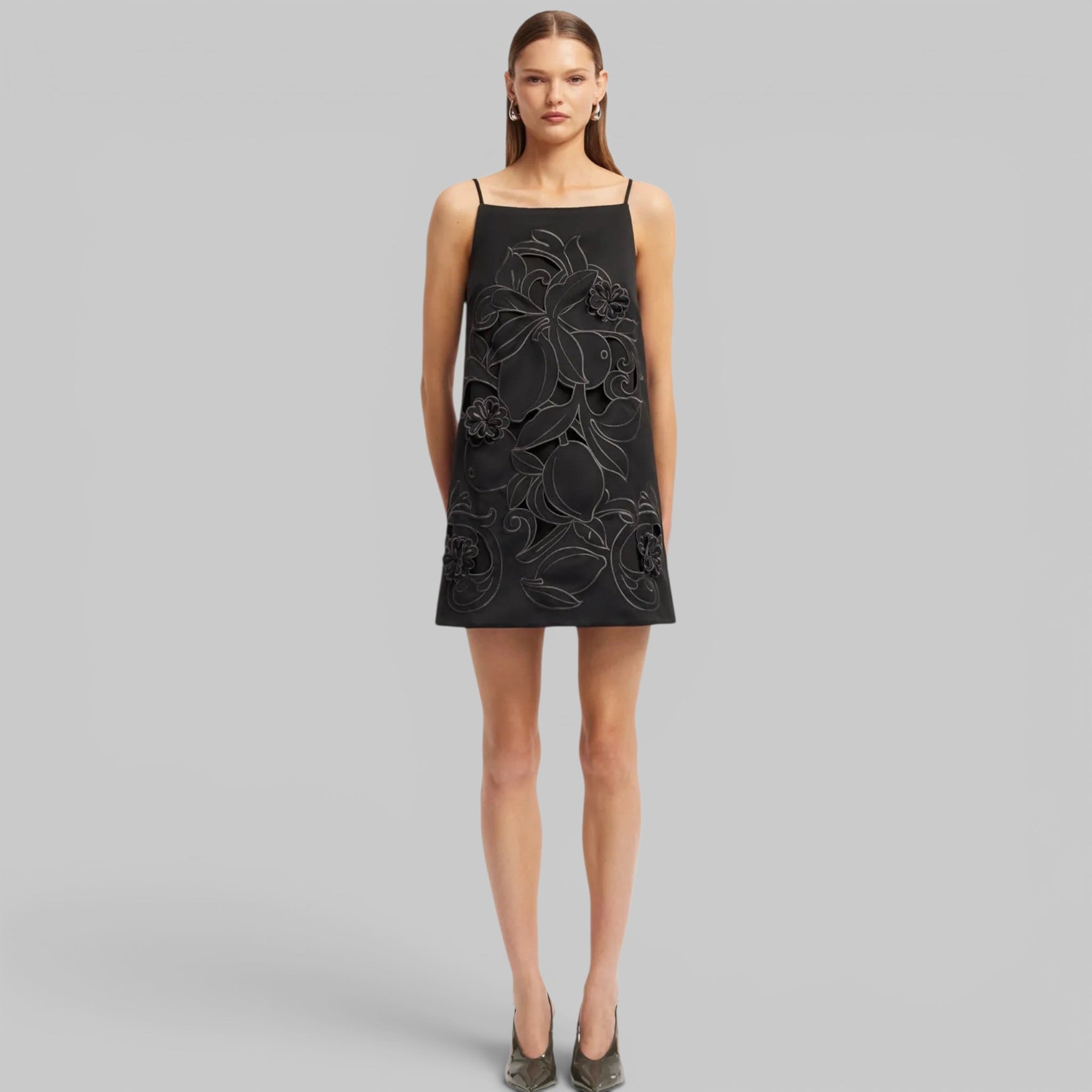 Leia Applique Mini Dress in Ebony, detail view
