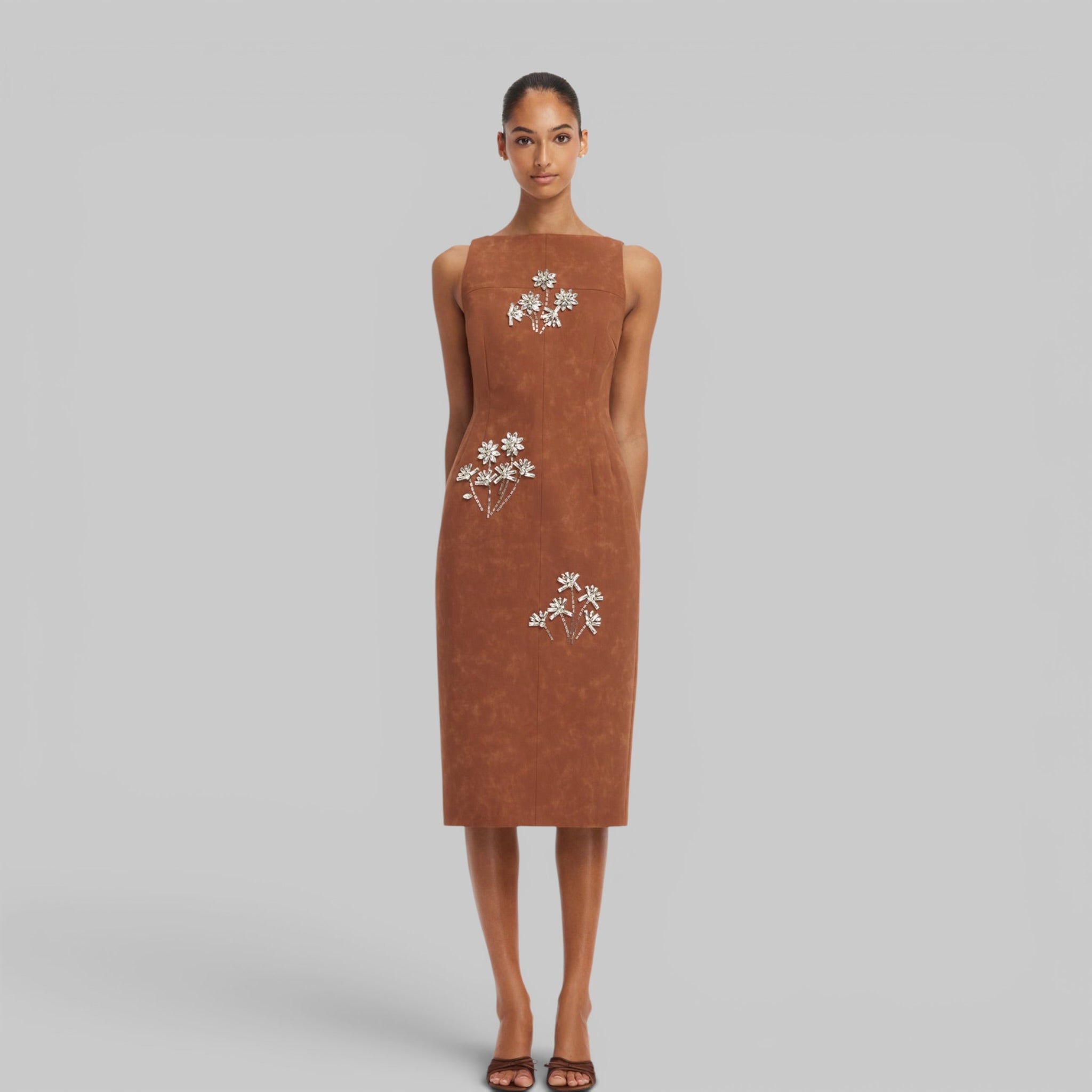 Eleanor Embellished Vegan Suede Midi Dress in Chestnut by Leo Lin