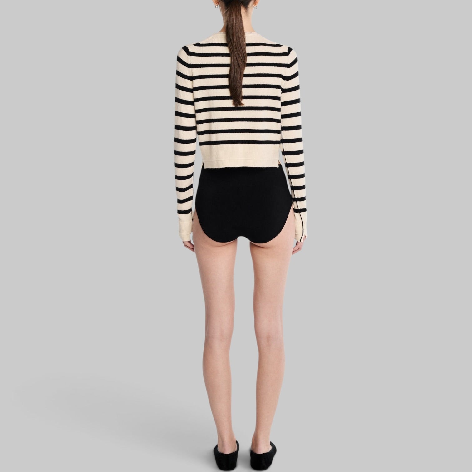Petite Fringe Cardigan in Ivory/Black Stripe by Maria McManus, fringe detail