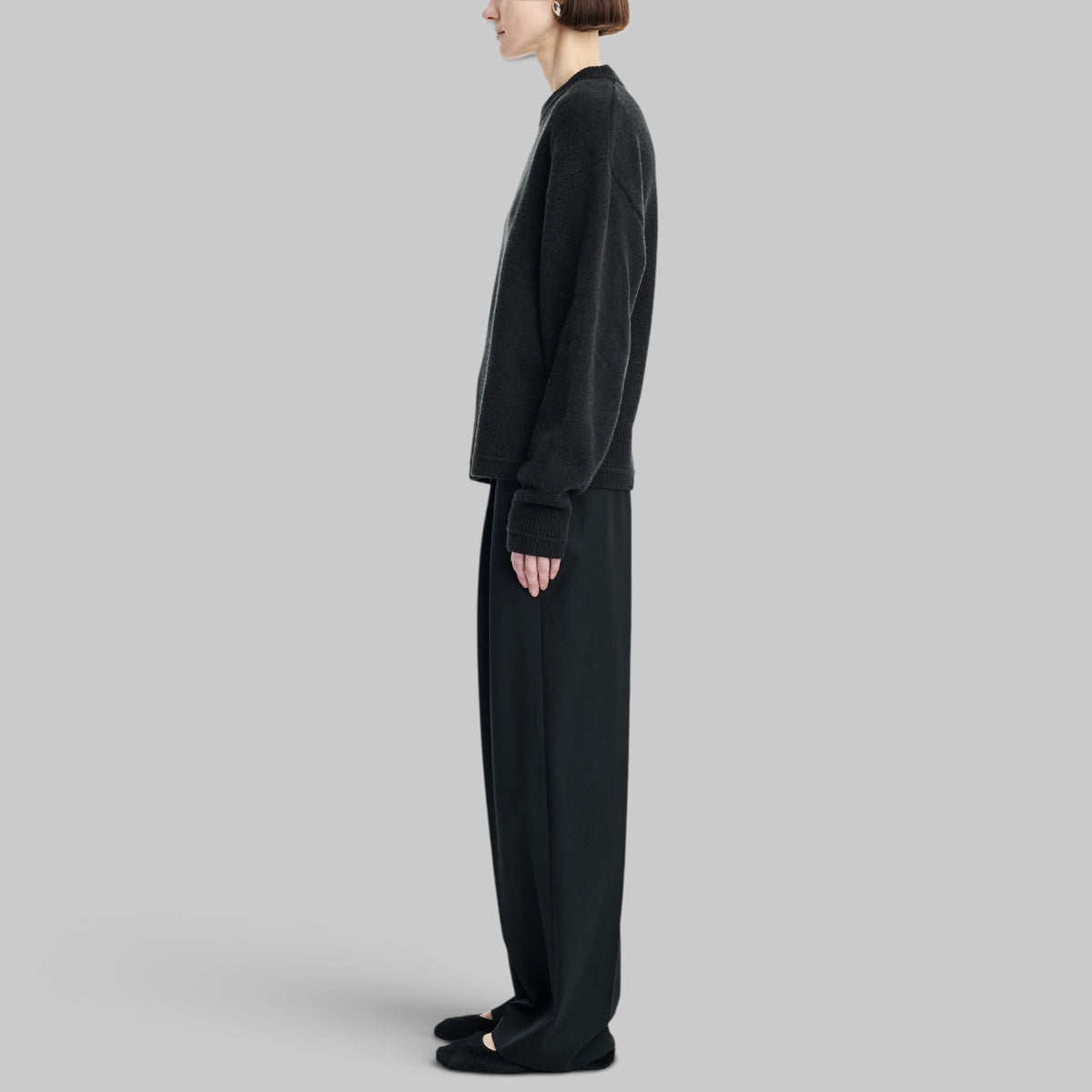 Single Pleat Front Trouser in Black by Maria McManus, styled view