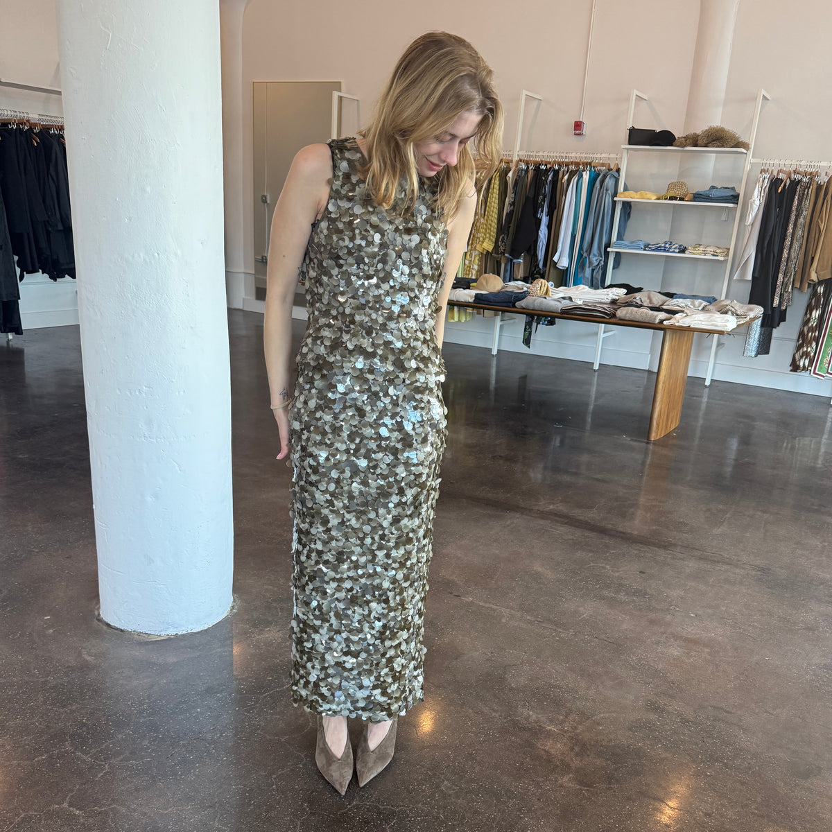Cara Cara Senza Top and Sienna Skirt in Taupe Palette Sequin, full look