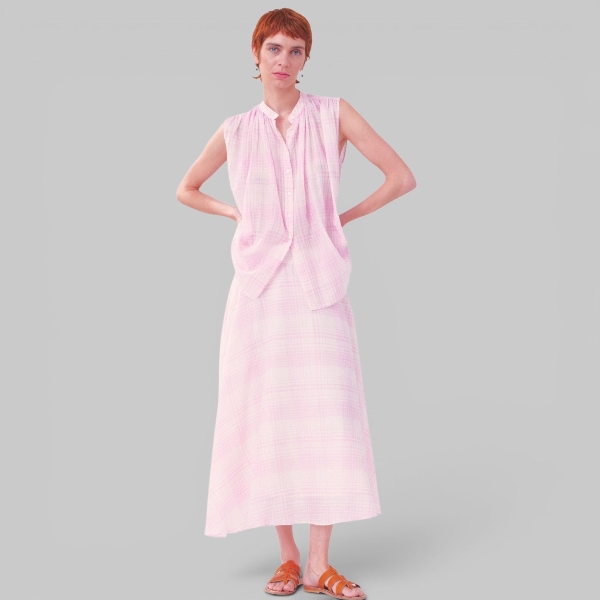 Iris Shirt and Corfou Skirt by Mii, styled together, detail view
