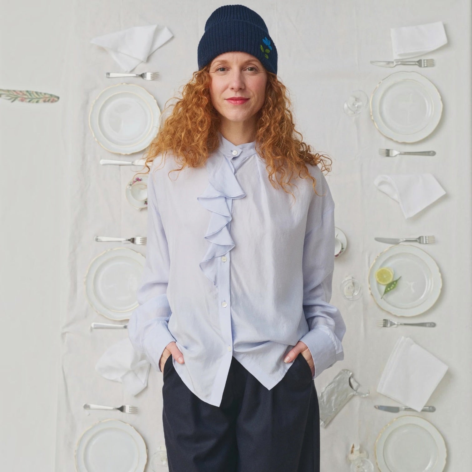 Ruffled Silk Shirt by Mii Collection, styled view
