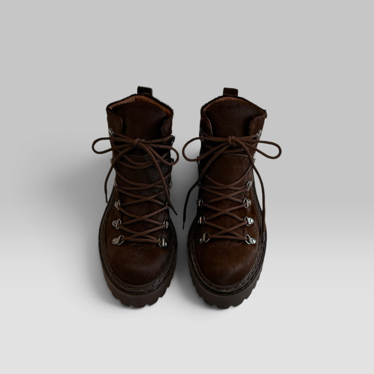 Officine Creative Blossom/026 lace-up boot in brown Italian pony hair with lug sole, view 3 of 6