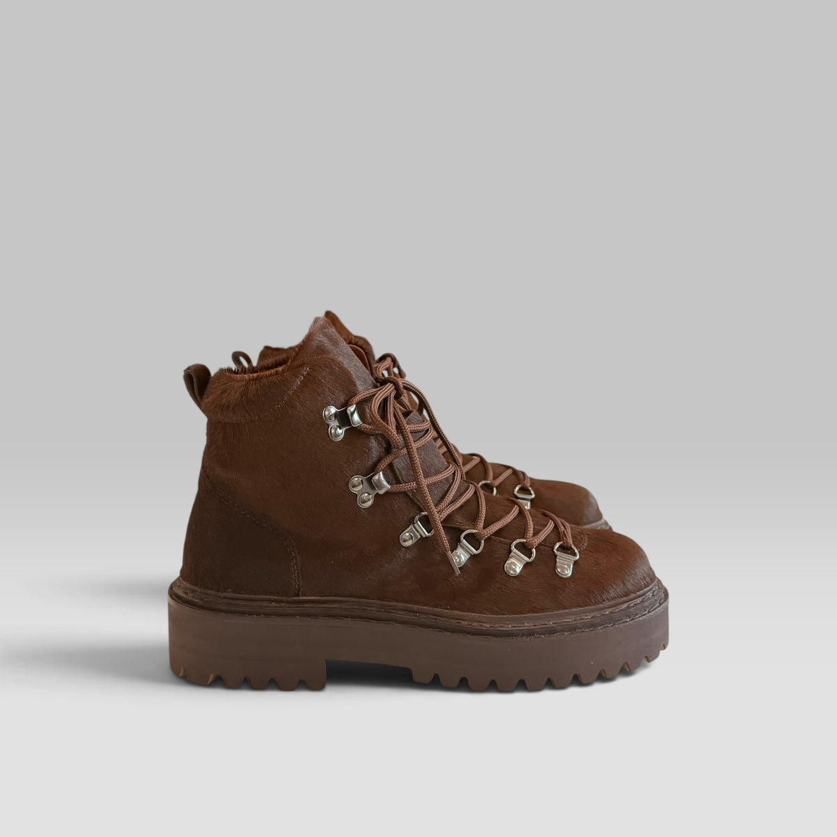 Officine Creative Blossom/026 lace-up boot in brown Italian pony hair with lug sole, view 2 of 6