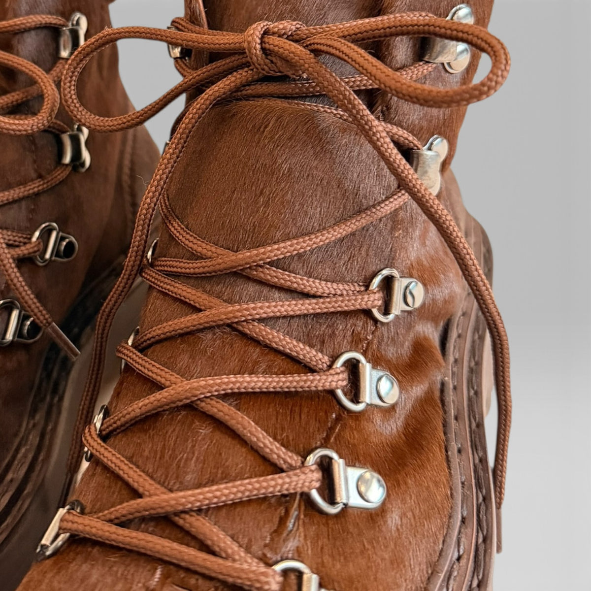 Officine Creative Blossom/026 lace-up boot in brown Italian pony hair with lug sole, view 6 of 6
