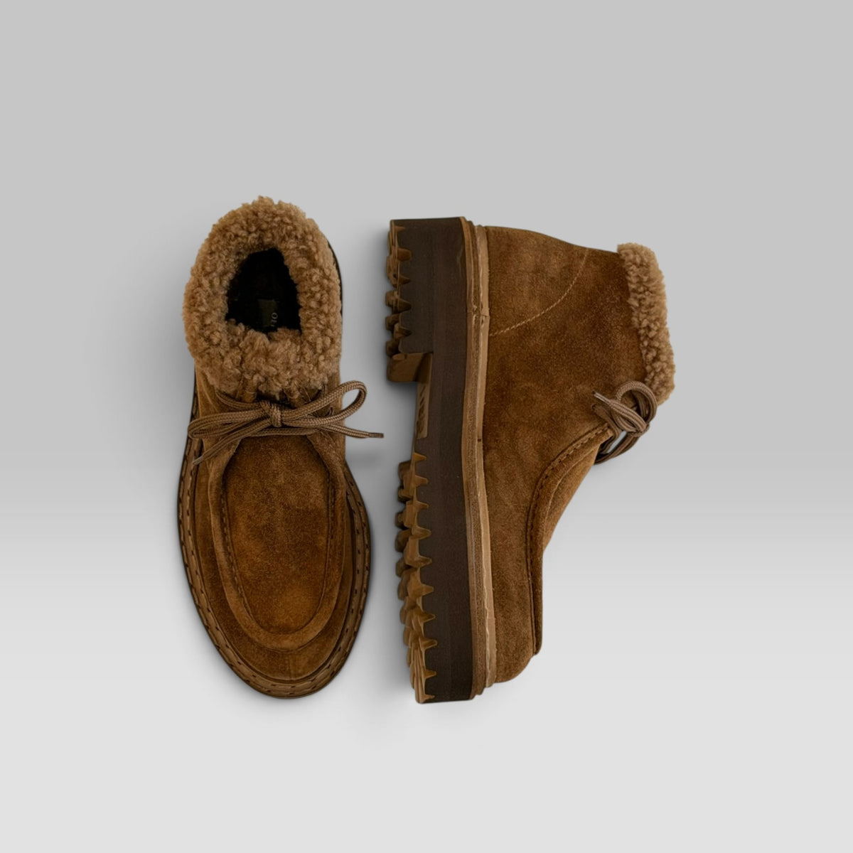 Officine Creative Blossom/023 lace-up chukka boot in Castagno suede with shearling lining and lug sole, view 1 of 7