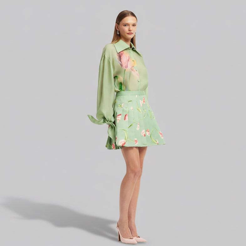 Melody Pleated Mini Skirt - Tulip Print In Green