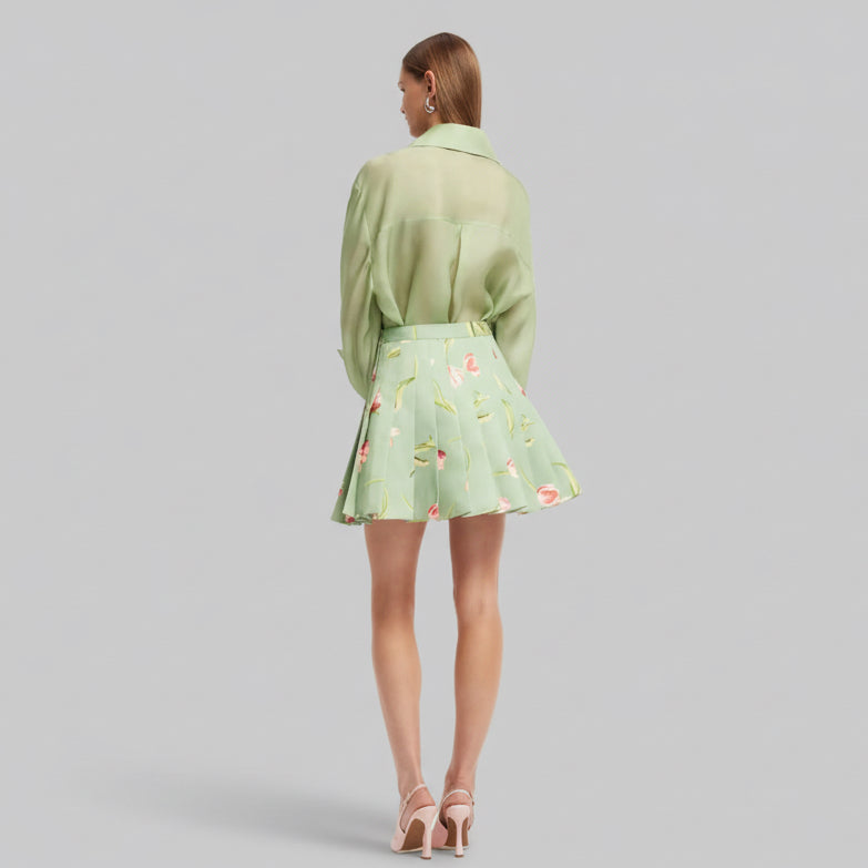 Melody Pleated Mini Skirt - Tulip Print In Green