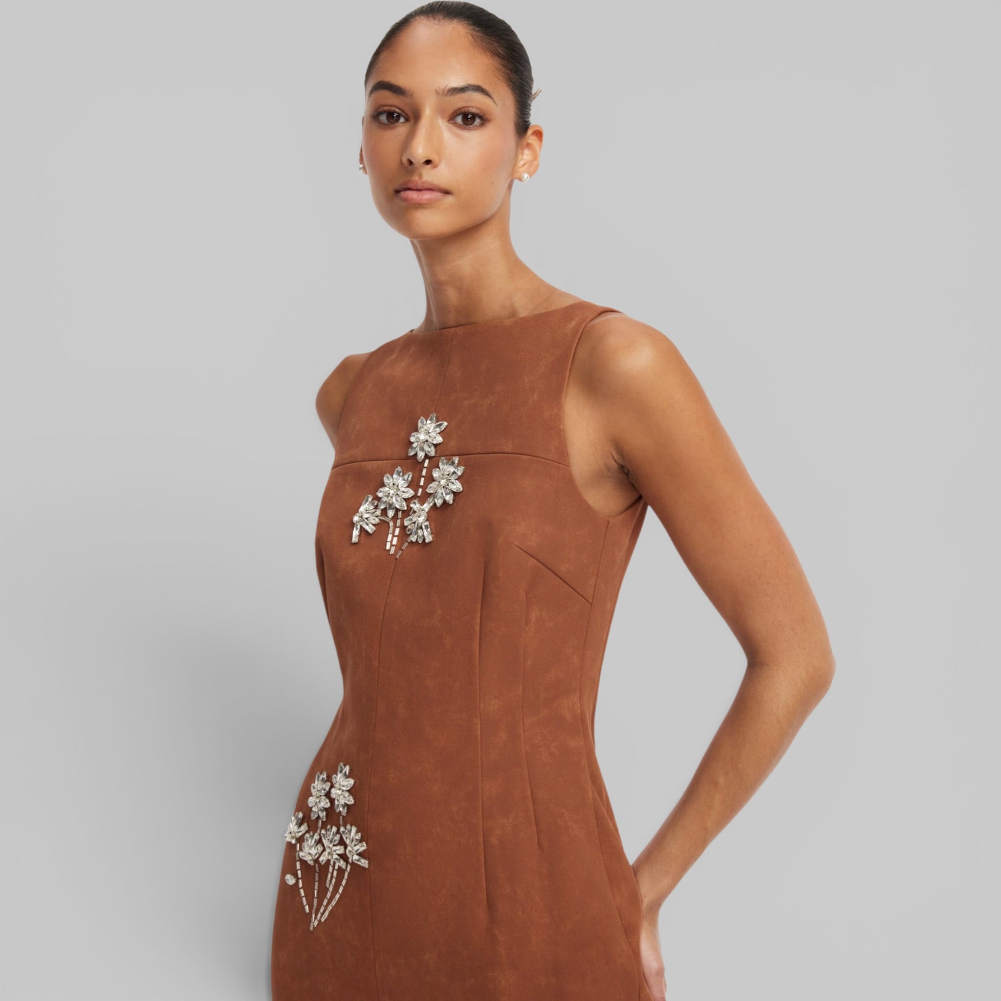 Eleanor Embellished Vegan Suede Midi Dress in Chestnut by Leo Lin, styled view