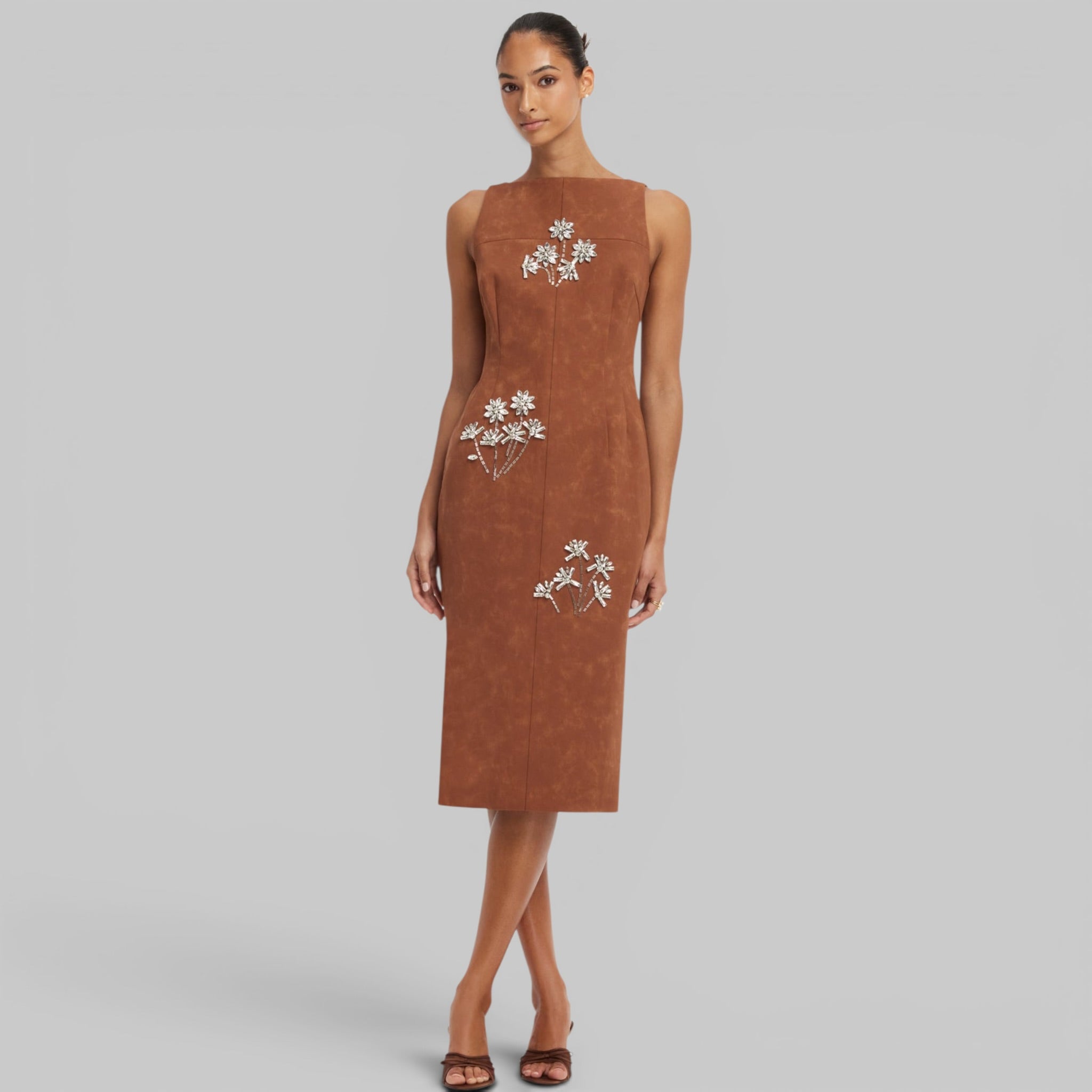Eleanor Embellished Vegan Suede Midi Dress in Chestnut by Leo Lin, side view