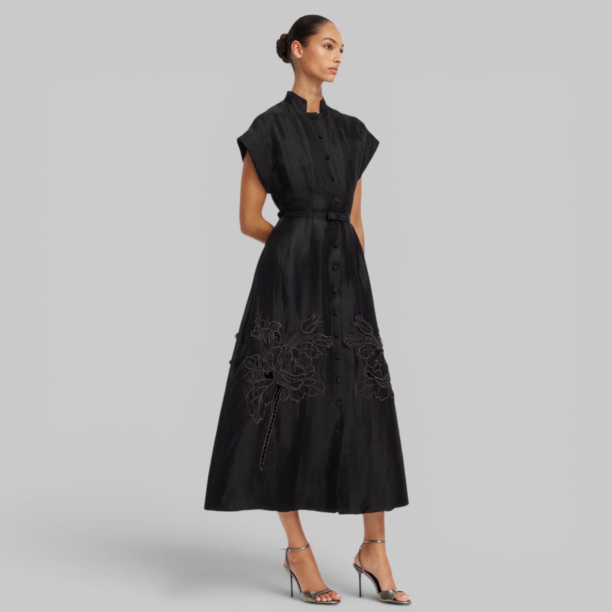 Aubrey Appliqué Shirt Midi Dress in Ebony by Leo Lin, detail view