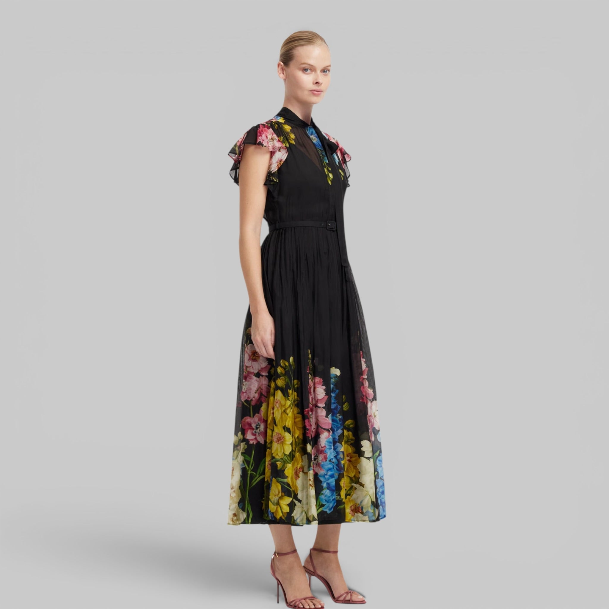 Grace Flutter Sleeve Midi Dress in Snapdragon Print by Leo Lin, detail view