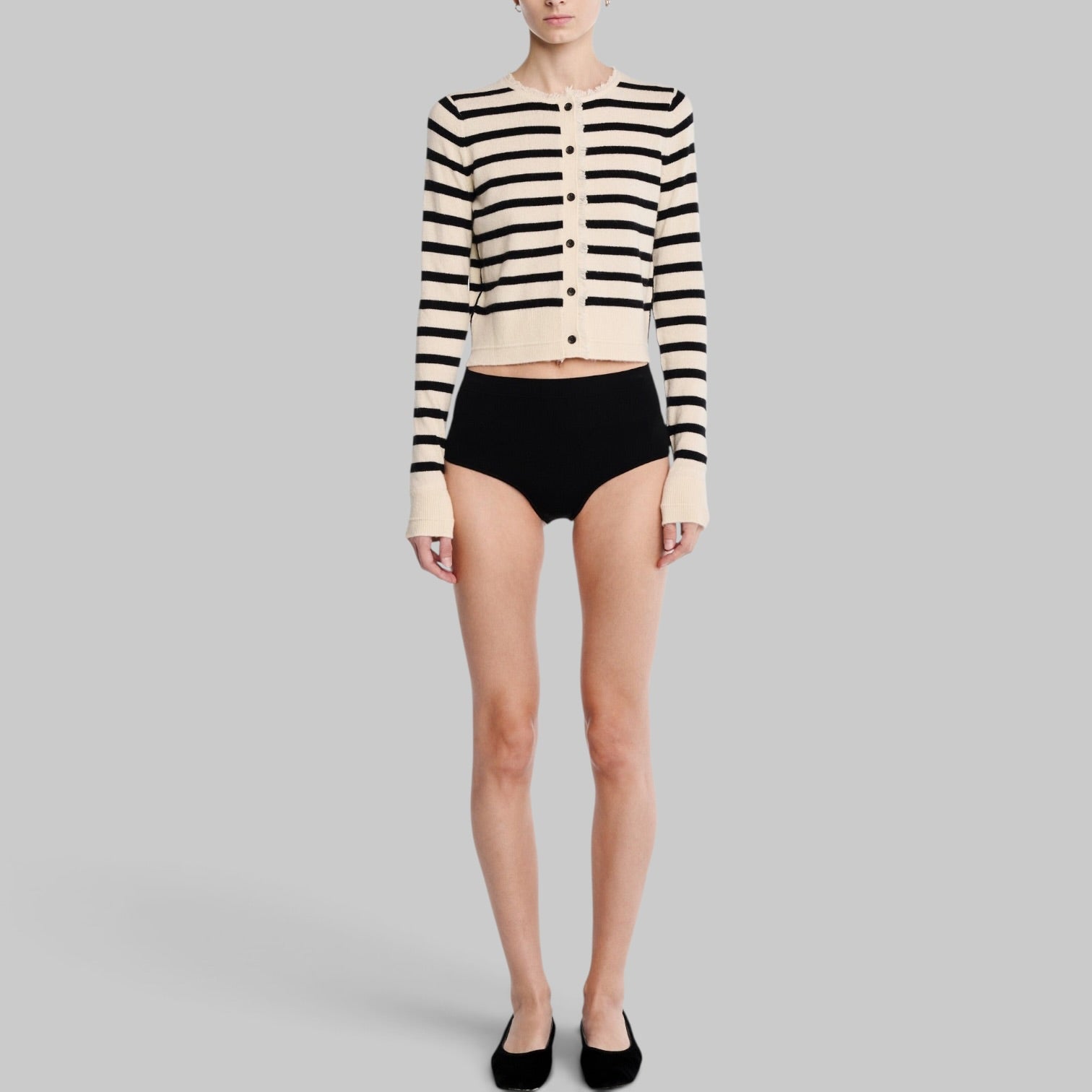Petite Fringe Cardigan in Ivory/Black Stripe by Maria McManus