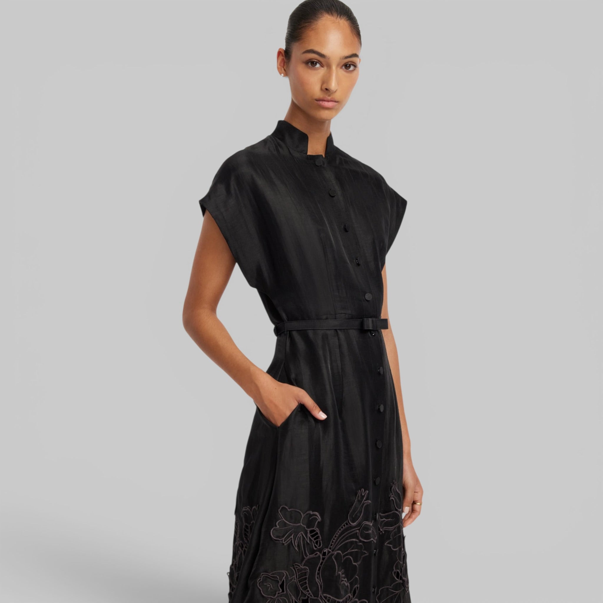 Aubrey Appliqué Shirt Midi Dress in Ebony by Leo Lin, styled view