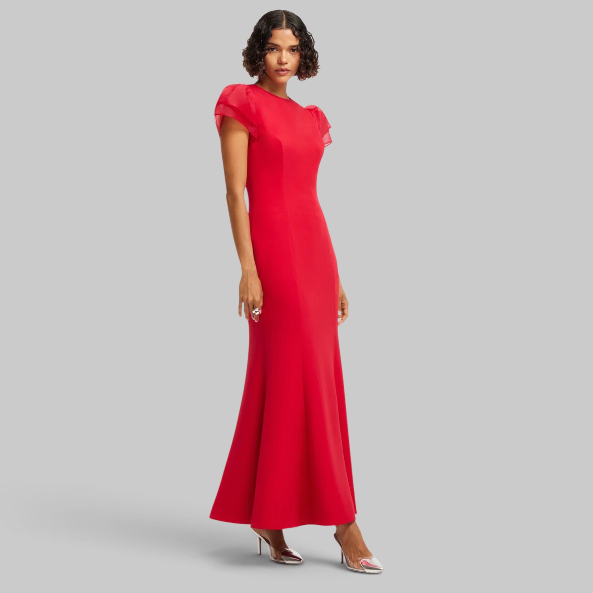 Sofia Puff Sleeve Maxi Dress in Vermilion by Leo Lin, detail view