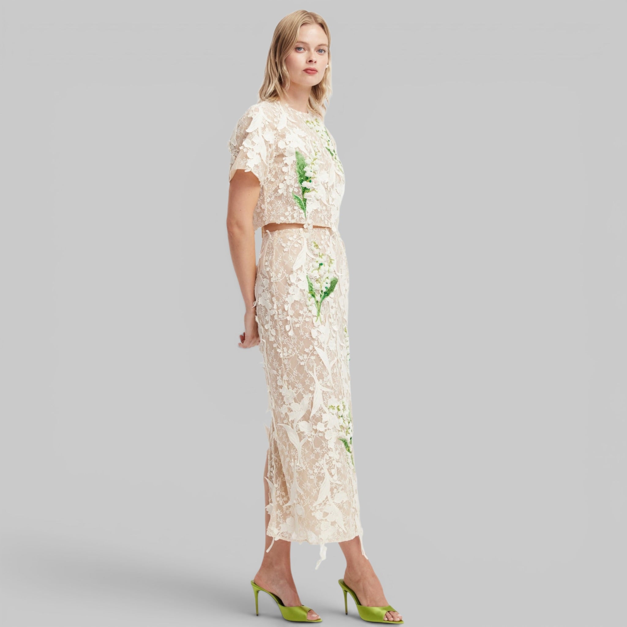 Indie Top and Kyra Skirt by Leo Lin, styled together, side view