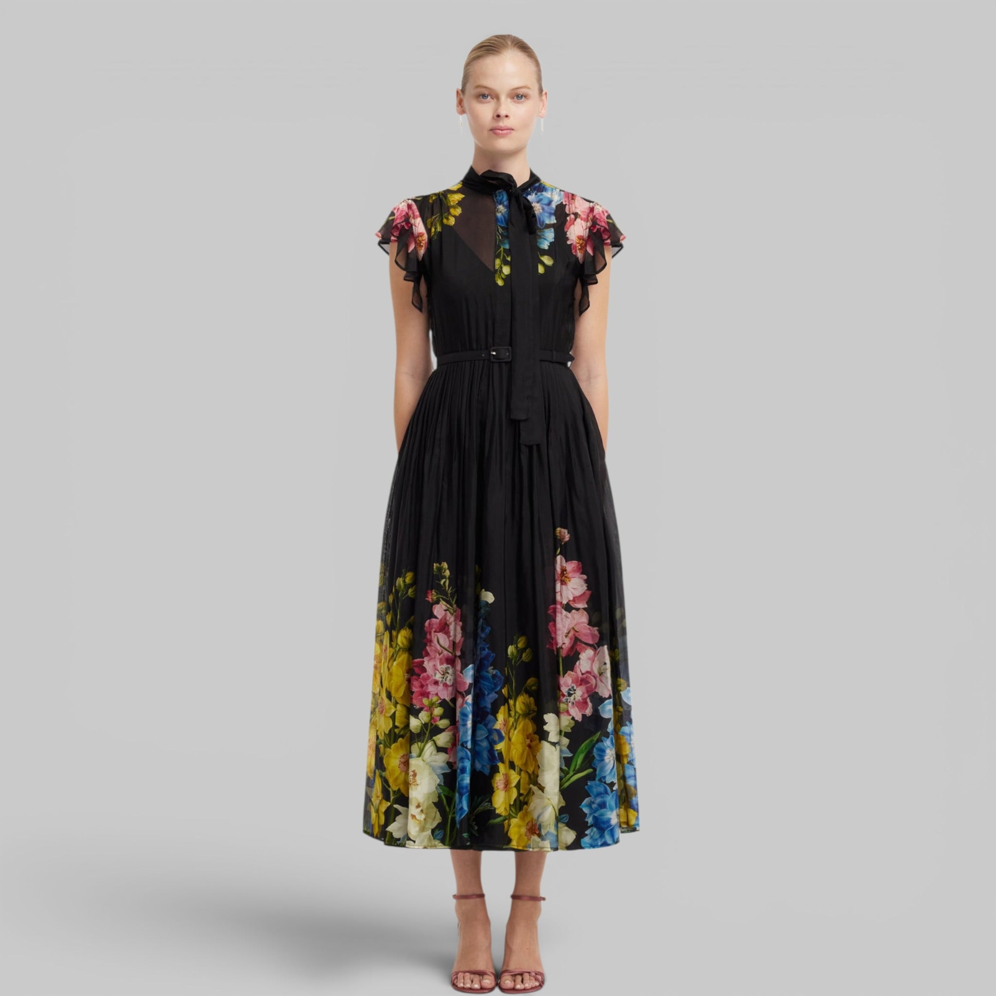 Grace Flutter Sleeve Midi Dress in Snapdragon Print by Leo Lin