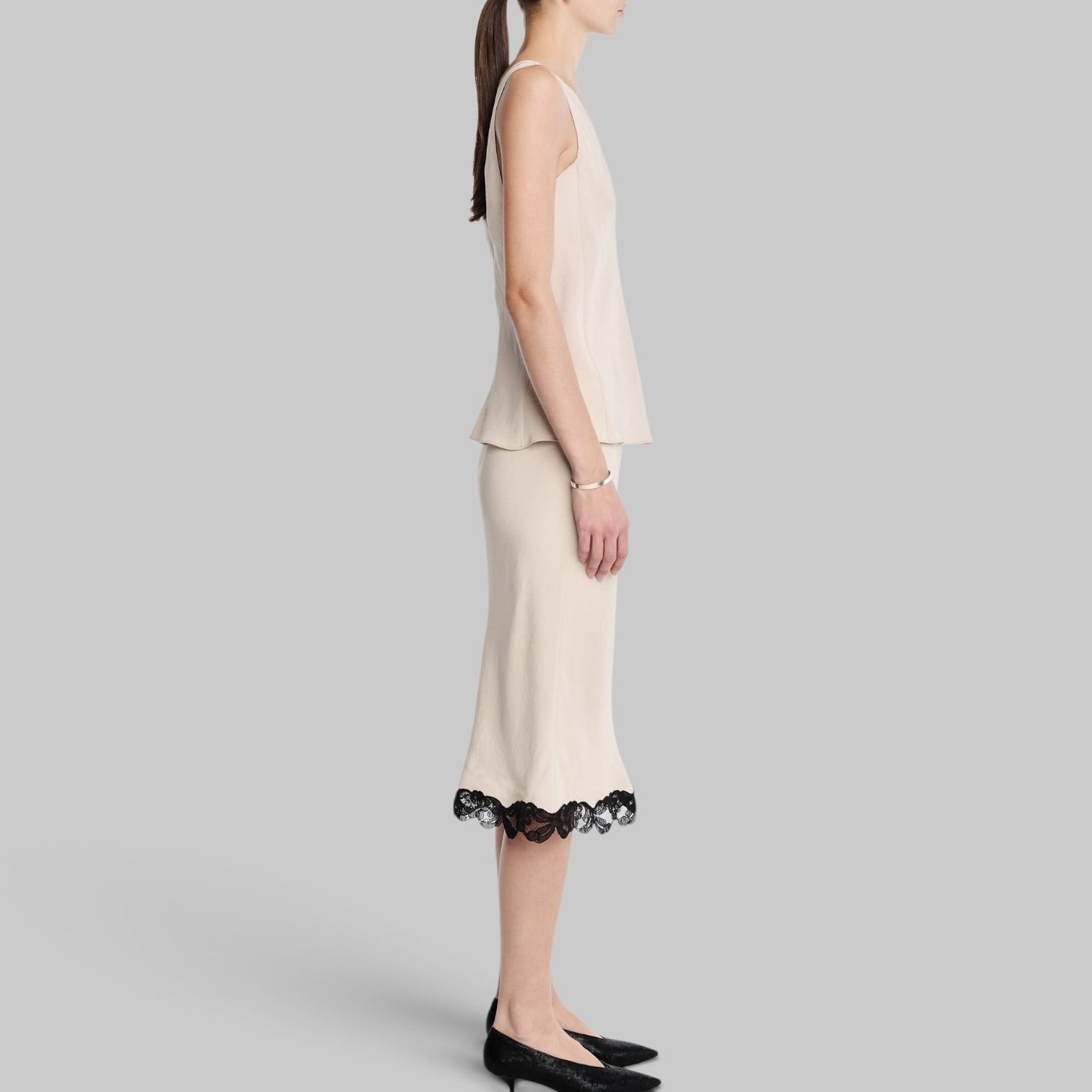 Bias Lace Skirt in Champagne by Maria McManus, lace trim detail