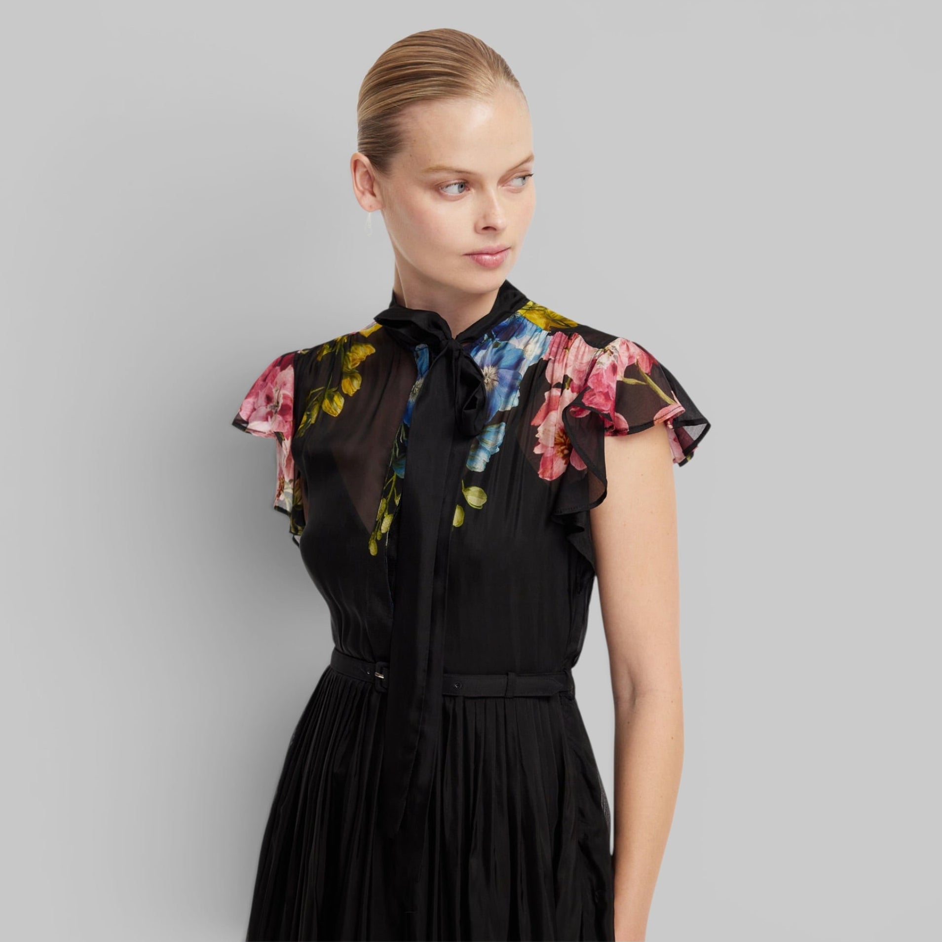 Grace Flutter Sleeve Midi Dress in Snapdragon Print by Leo Lin, styled view