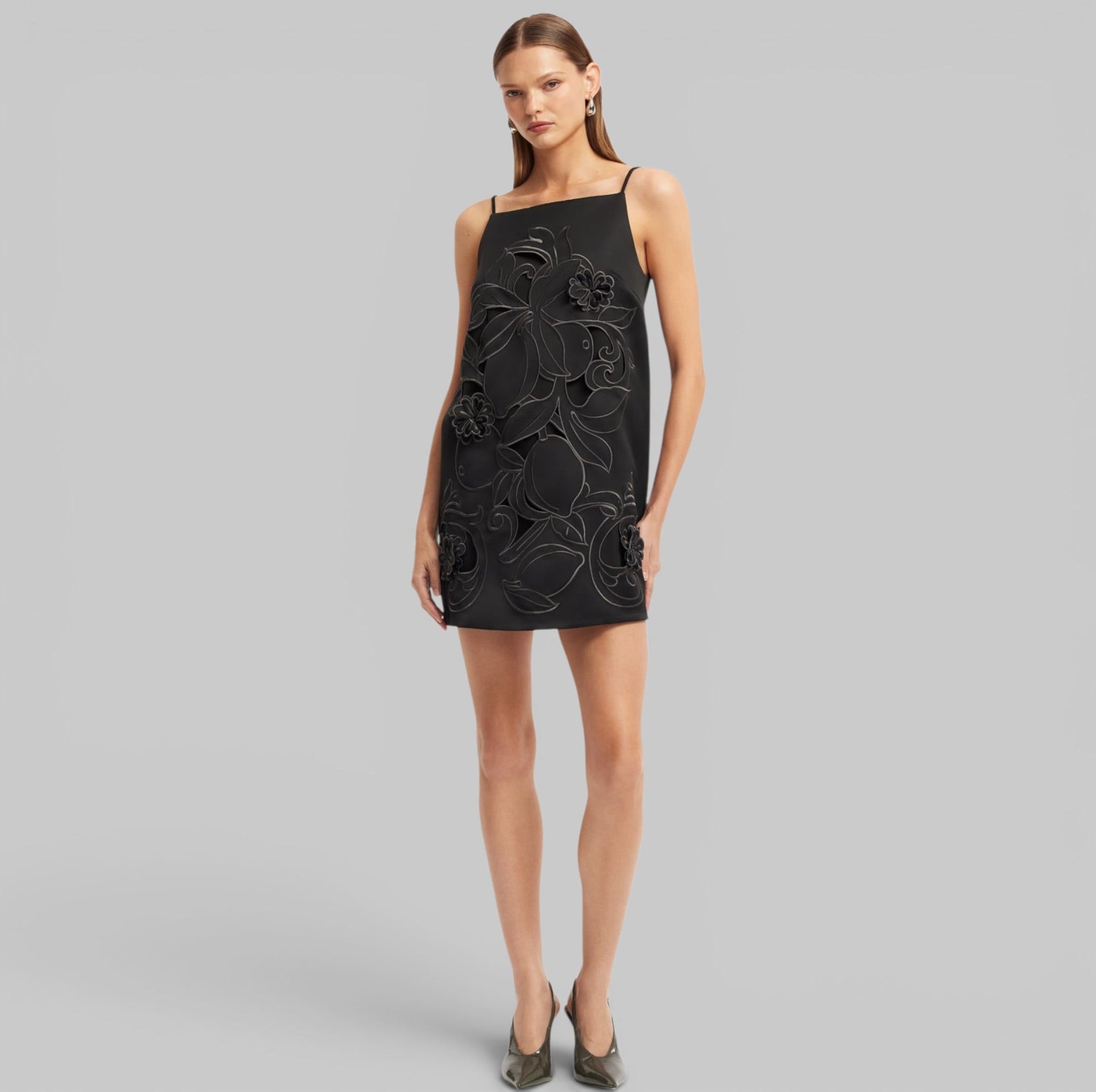 Leia Applique Mini Dress in Ebony, back view