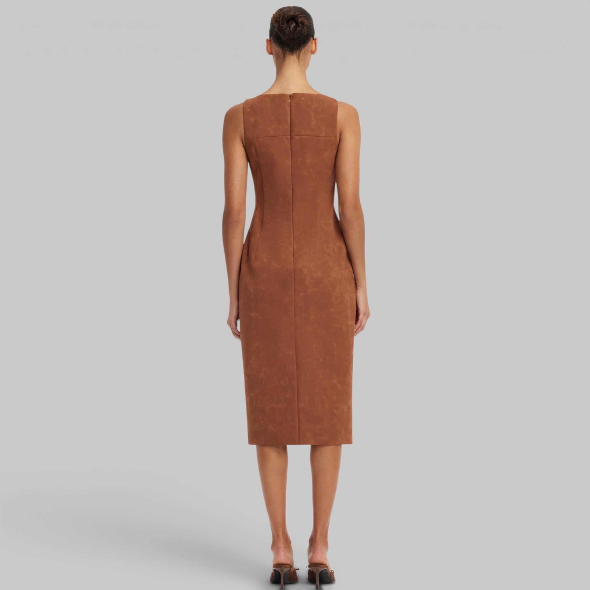Eleanor Embellished Vegan Suede Midi Dress in Chestnut by Leo Lin, back view