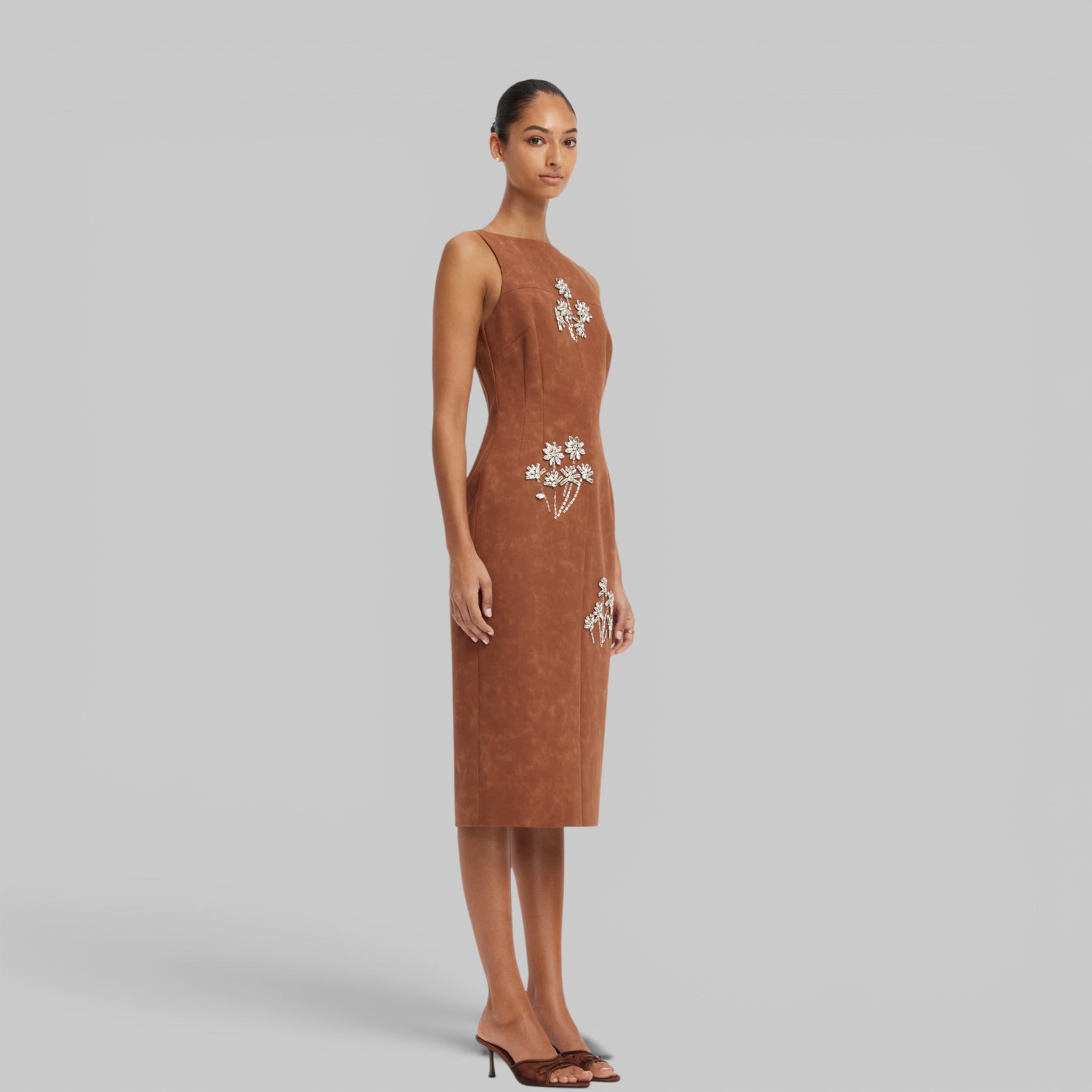 Eleanor Embellished Vegan Suede Midi Dress in Chestnut by Leo Lin, detail view