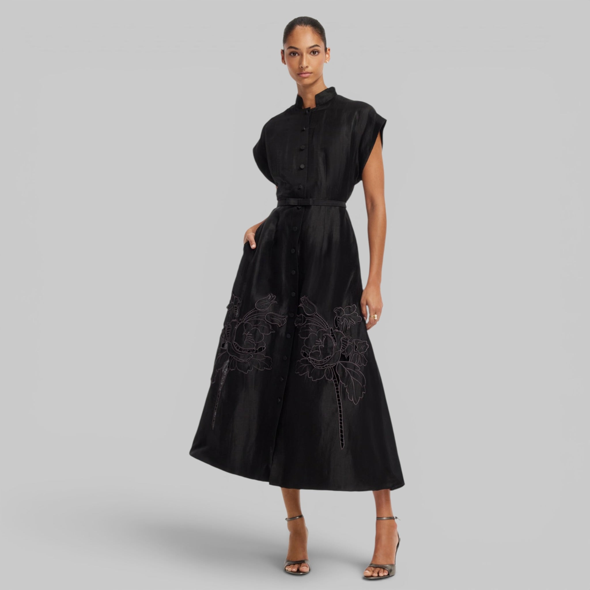 Aubrey Appliqué Shirt Midi Dress in Ebony by Leo Lin, side view