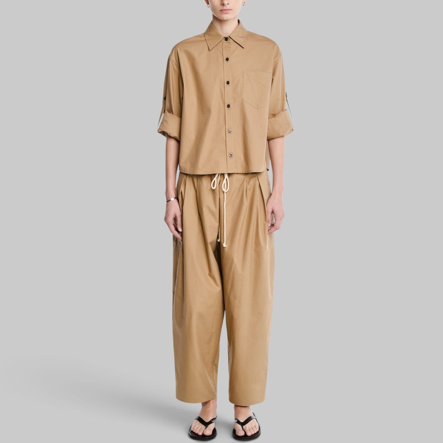 Balloon Drawstring Trouser in Walnut by Maria McManus, styled view