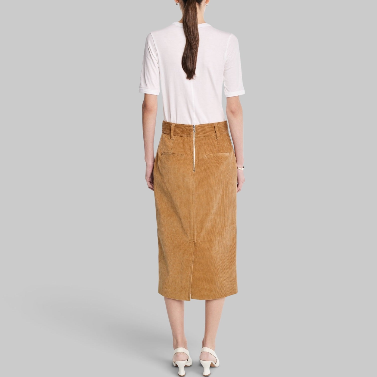 Zipper Pencil Skirt in Caramel by Maria McManus, detail view