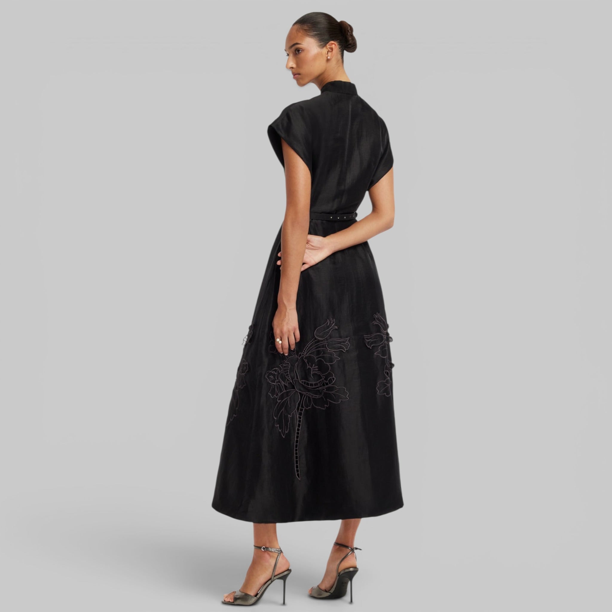 Aubrey Appliqué Shirt Midi Dress in Ebony by Leo Lin, back view