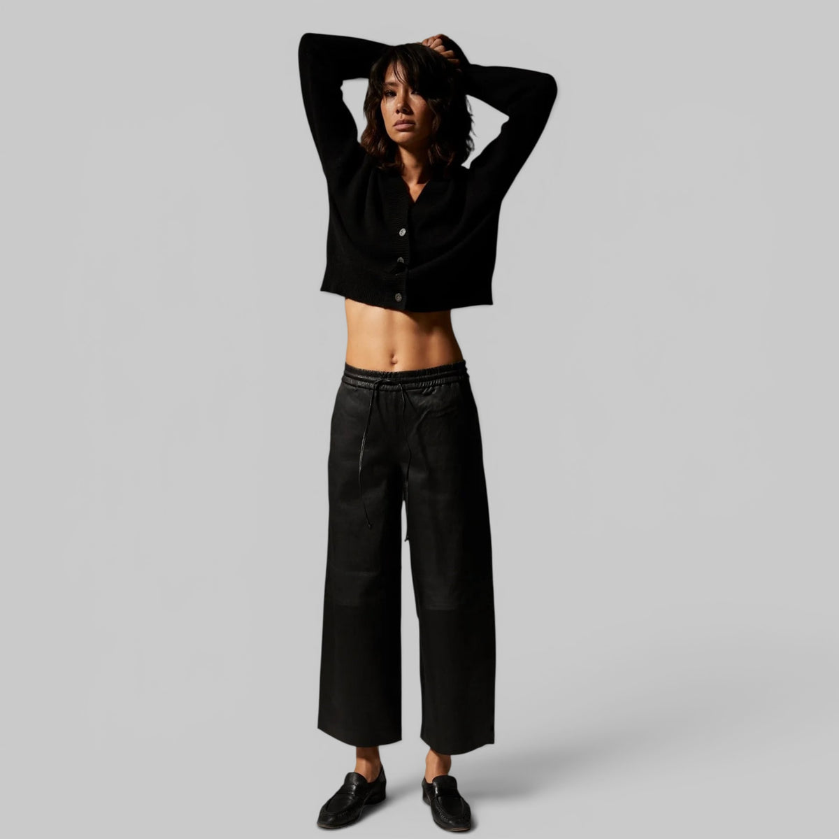 Cropped Baggy Pants by SPRWMN in Black Leather