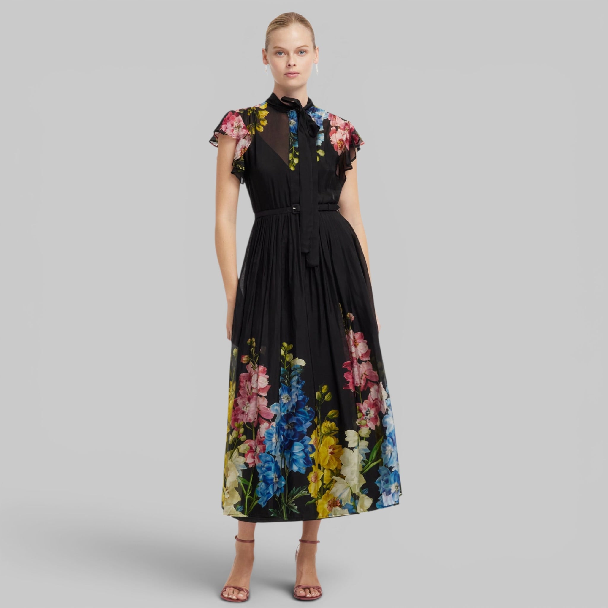 Grace Flutter Sleeve Midi Dress in Snapdragon Print by Leo Lin, side view
