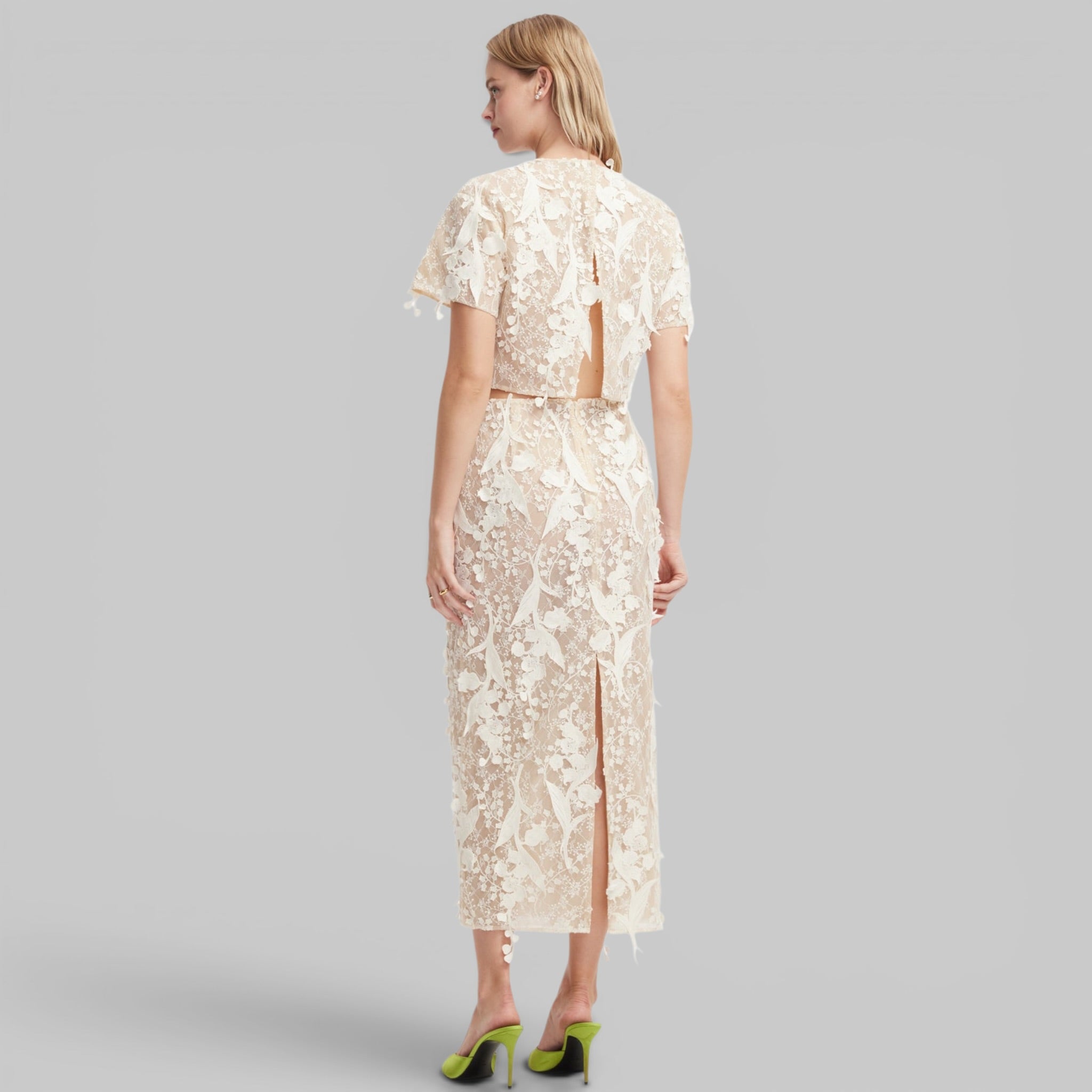 Indie Top and Kyra Skirt by Leo Lin, styled together, detail view