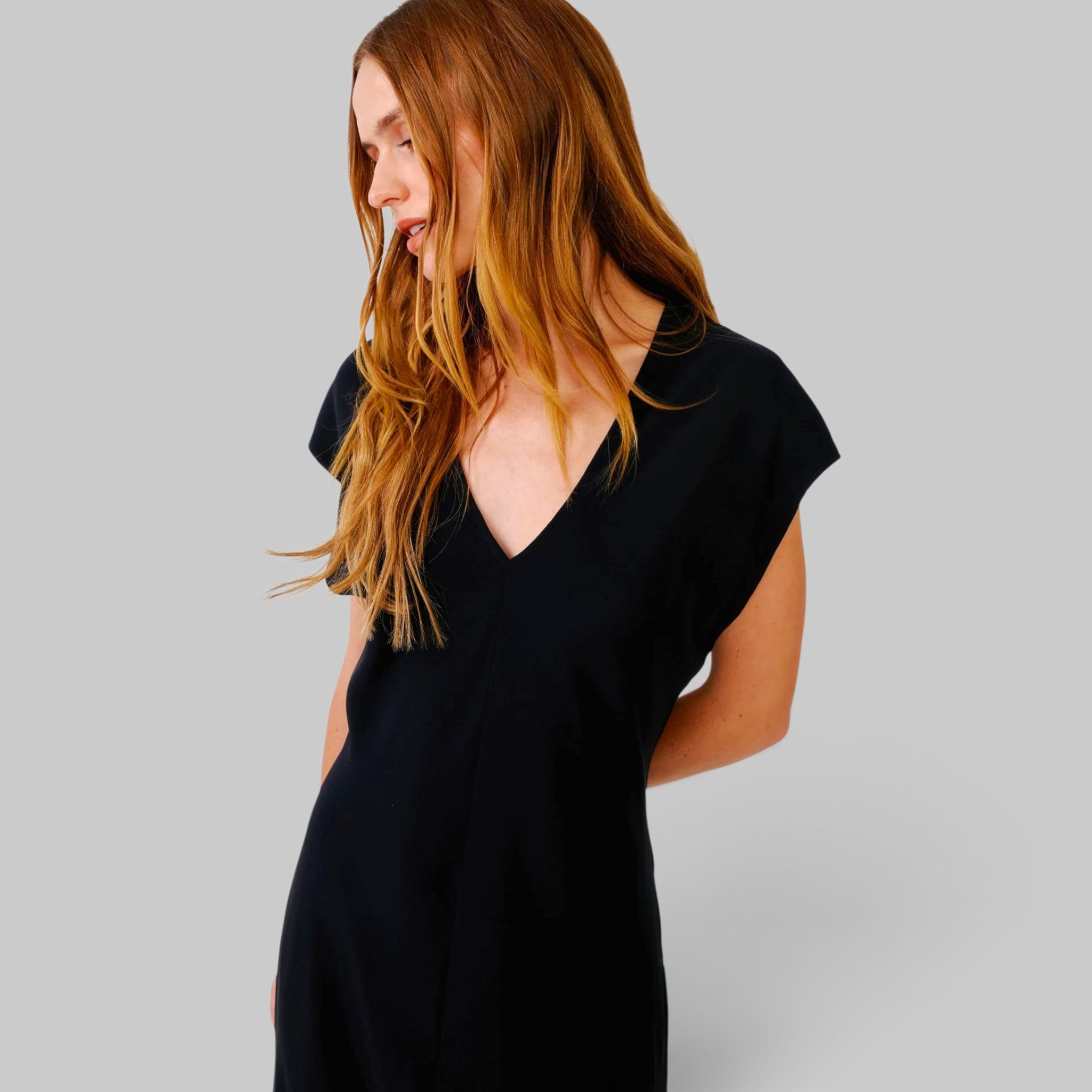 Inez Draped V-Neck Dress by Sablyn, detail view