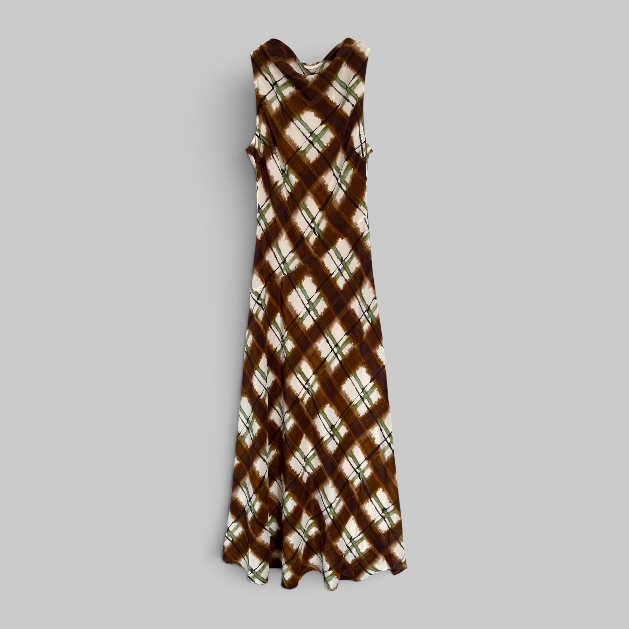 Crystal Midi Dress by Cara Cara in Painted Plaid Brown, styled view
