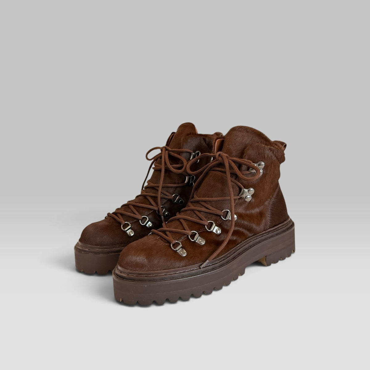 Officine Creative Blossom/026 lace-up boot in brown Italian pony hair with lug sole, view 4 of 6