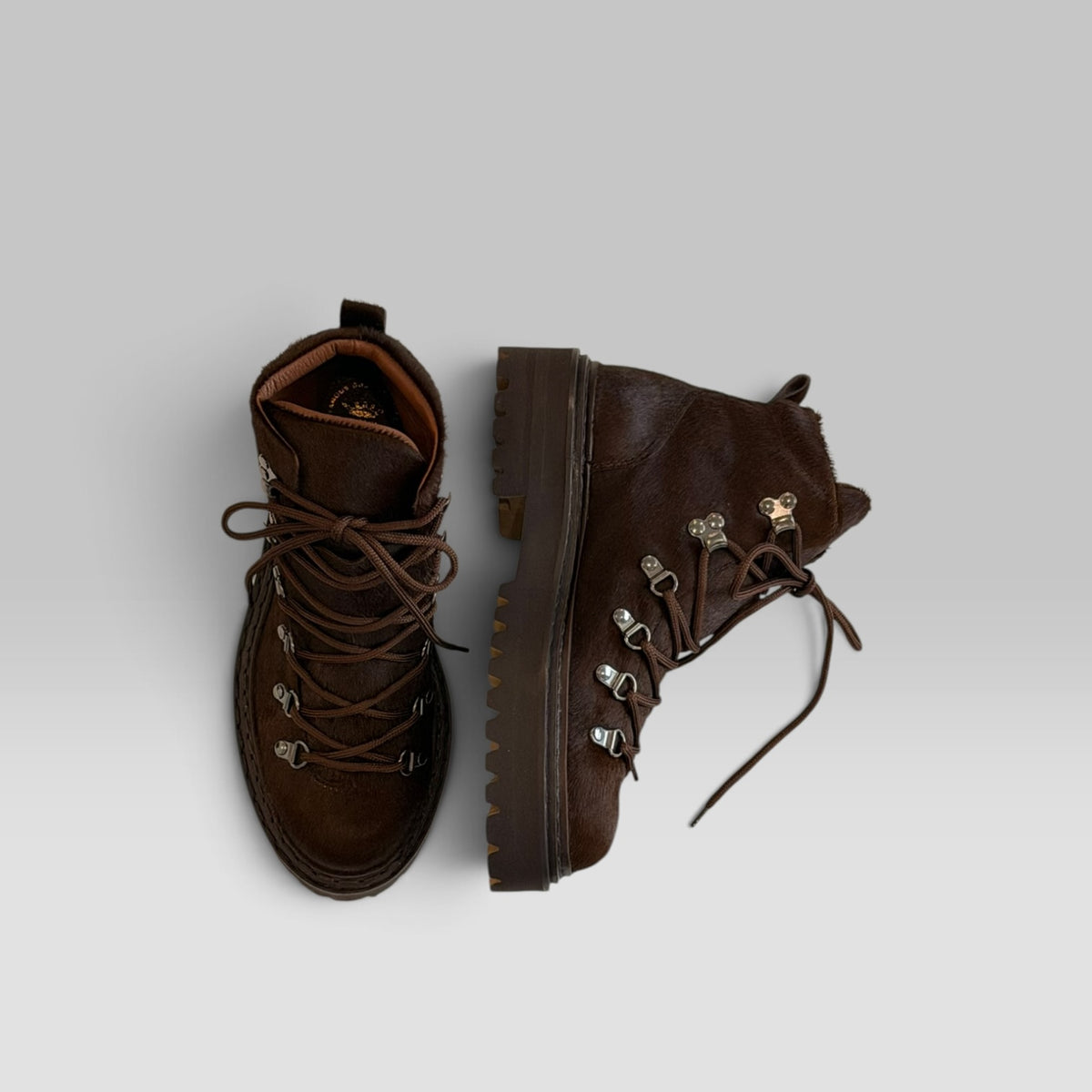 Officine Creative Blossom/026 lace-up boot in brown Italian pony hair with lug sole, view 1 of 6
