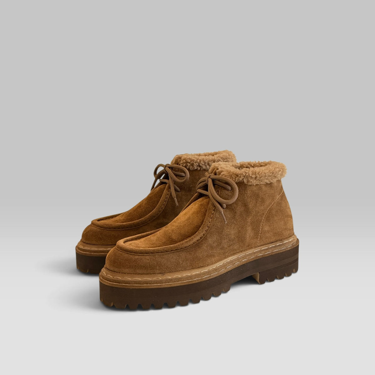 Officine Creative Blossom/023 lace-up chukka boot in Castagno suede with shearling lining and lug sole, view 5 of 7