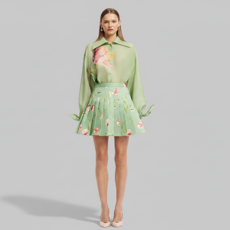 Melody Pleated Mini Skirt - Tulip Print in Green