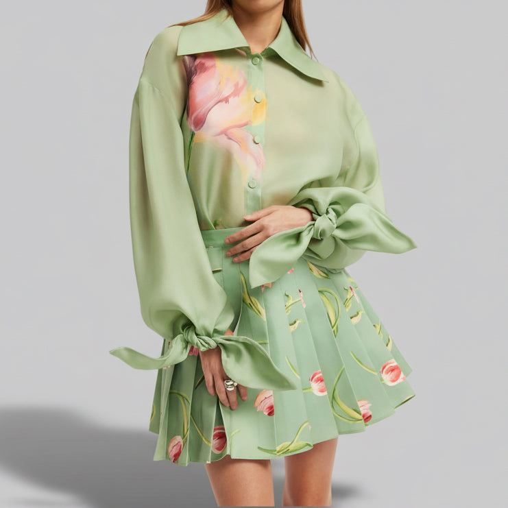 Melody Pleated Mini Skirt - Tulip Print In Green